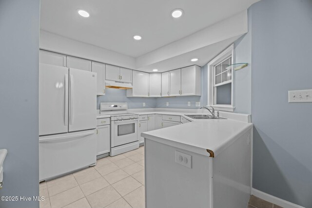 kitchen with white cabinetry, sink, light tile patterned floors, kitchen peninsula, and white appliances