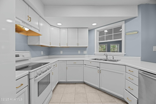 kitchen with sink, white cabinetry, light tile patterned floors, white electric stove, and dishwasher