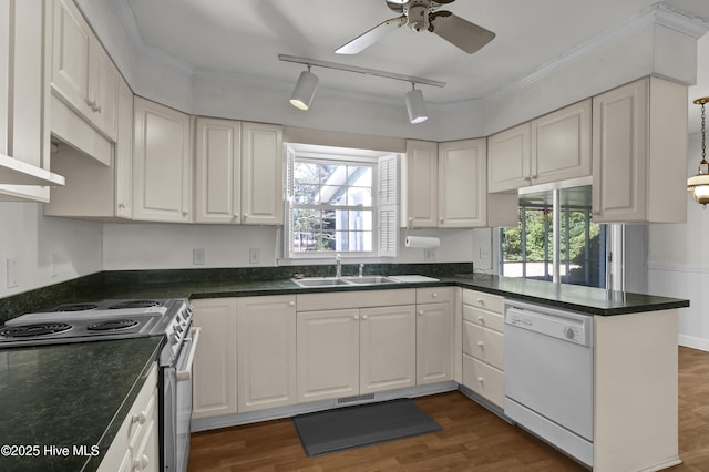 kitchen featuring electric range, sink, white cabinetry, and dishwasher