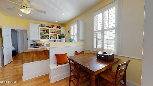 dining room featuring recessed lighting, a ceiling fan, and light wood-type flooring