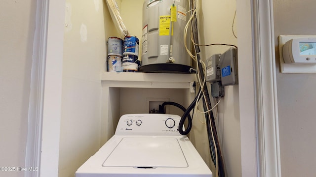 washroom with electric water heater, laundry area, and washer / clothes dryer