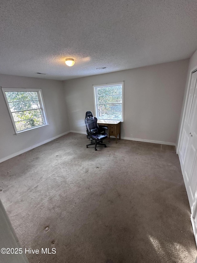 unfurnished office featuring a textured ceiling, baseboards, and carpet floors