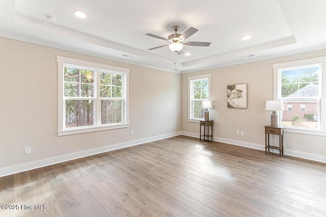 spare room featuring hardwood / wood-style flooring, a healthy amount of sunlight, and a raised ceiling