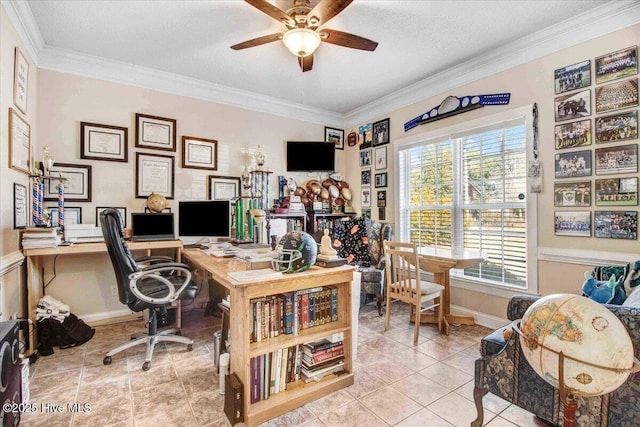 home office with a textured ceiling, ceiling fan, light tile patterned floors, and crown molding