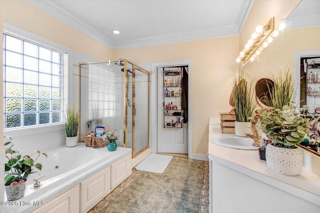 bathroom with separate shower and tub, vanity, and crown molding