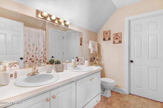 bathroom with lofted ceiling, vanity, toilet, walk in shower, and a textured ceiling