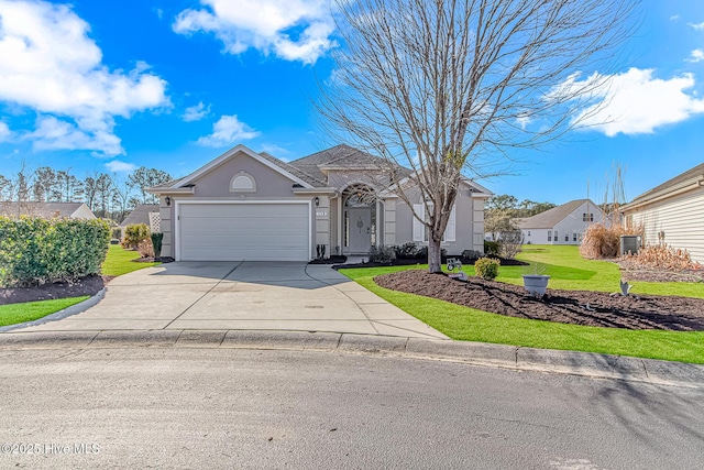 ranch-style house with a garage, central AC unit, and a front lawn