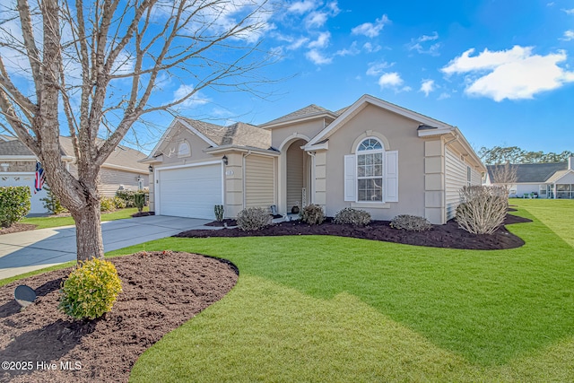 single story home featuring a garage and a front yard