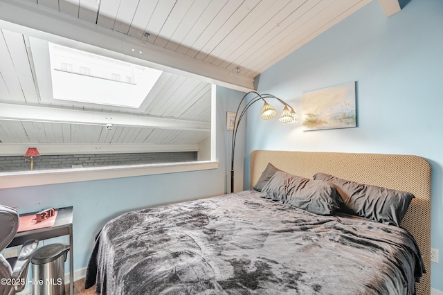 bedroom with lofted ceiling with beams and wood ceiling