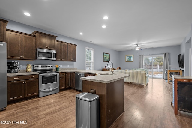 kitchen with sink, light hardwood / wood-style flooring, ceiling fan, dark brown cabinets, and stainless steel appliances