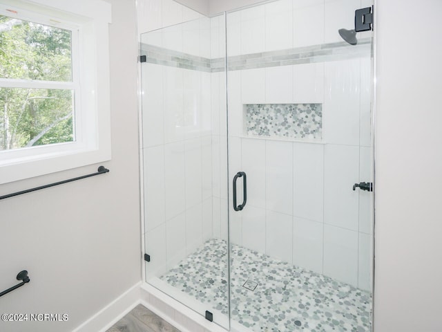 bathroom featuring a wealth of natural light and a shower with door