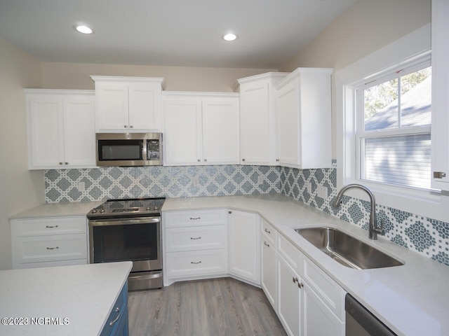 kitchen with light countertops, appliances with stainless steel finishes, and a sink