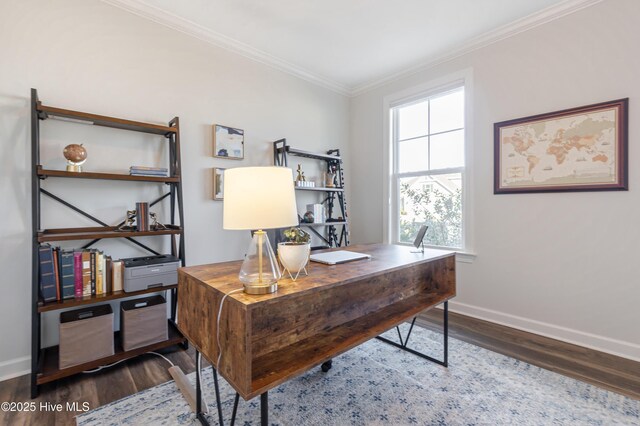 office featuring wood-type flooring and crown molding