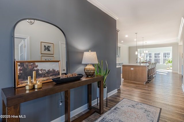 hall featuring sink, dark hardwood / wood-style floors, ornamental molding, and a chandelier