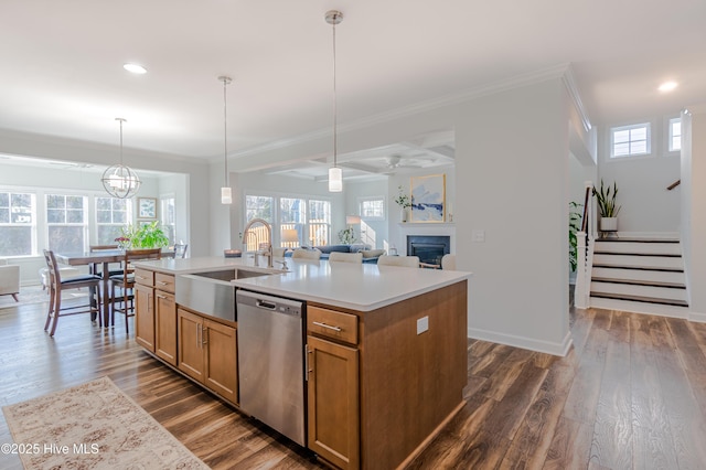 kitchen with stainless steel dishwasher, pendant lighting, dark hardwood / wood-style flooring, sink, and an island with sink