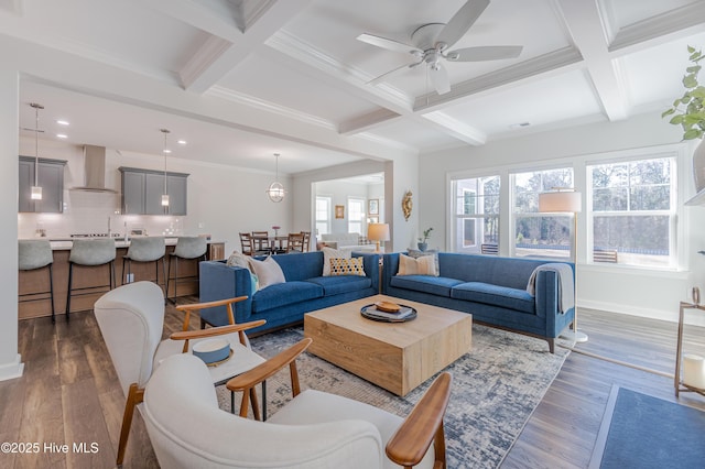 living room featuring coffered ceiling, dark hardwood / wood-style floors, and beamed ceiling