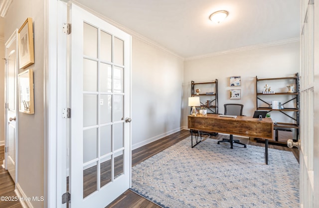 office space with ornamental molding and dark hardwood / wood-style flooring