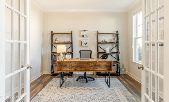 home office with french doors, a healthy amount of sunlight, crown molding, and dark hardwood / wood-style floors