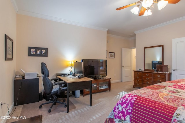 carpeted bedroom with crown molding and ceiling fan