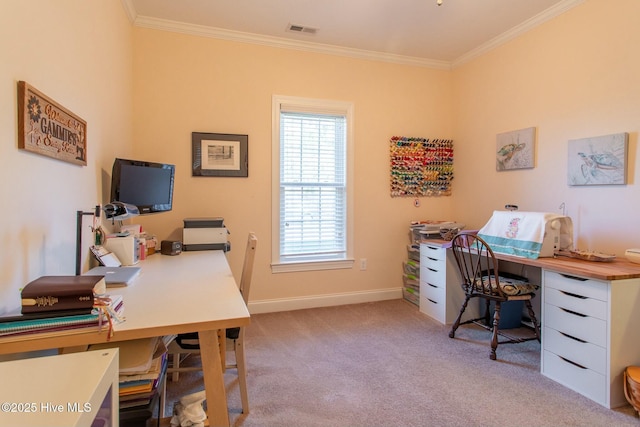 office with crown molding and light colored carpet