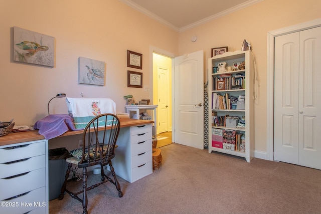 office area featuring ornamental molding and light carpet