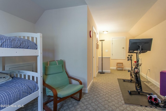 carpeted bedroom featuring lofted ceiling