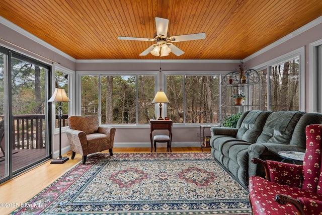 sunroom / solarium featuring wooden ceiling and ceiling fan