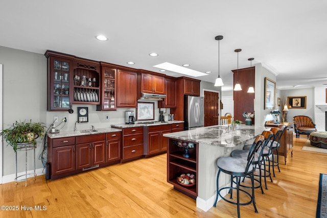 kitchen featuring light wood-style flooring, a breakfast bar area, stainless steel appliances, under cabinet range hood, and open shelves