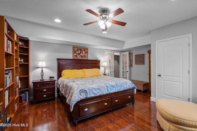 bedroom featuring recessed lighting, ceiling fan, baseboards, and wood finished floors