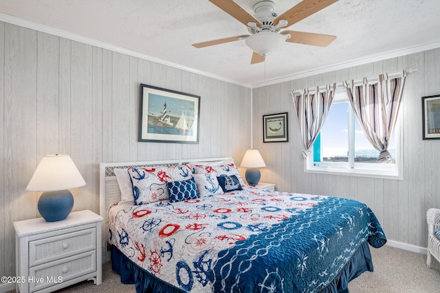 bedroom with light carpet, ornamental molding, and ceiling fan