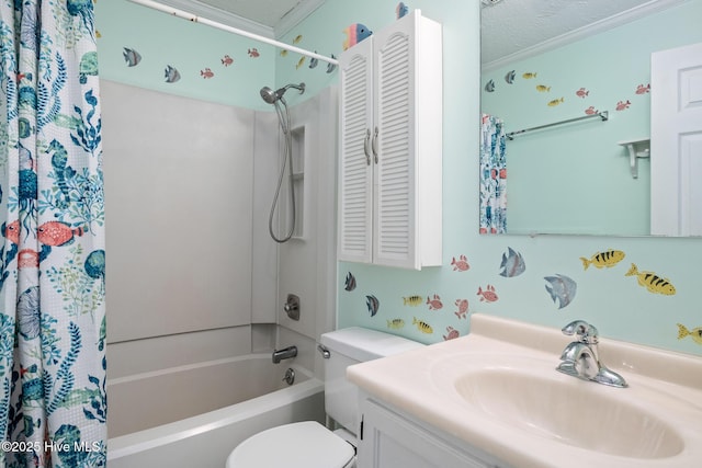 full bathroom featuring toilet, shower / tub combo, a textured ceiling, ornamental molding, and vanity