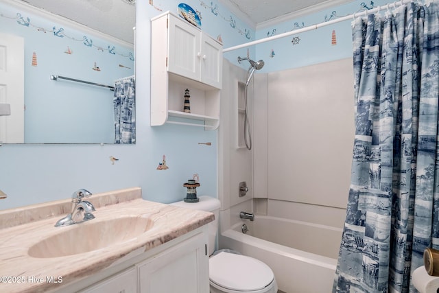 full bathroom featuring vanity, a textured ceiling, toilet, and shower / bath combo