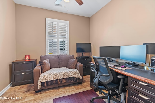 home office featuring ceiling fan and light wood-type flooring