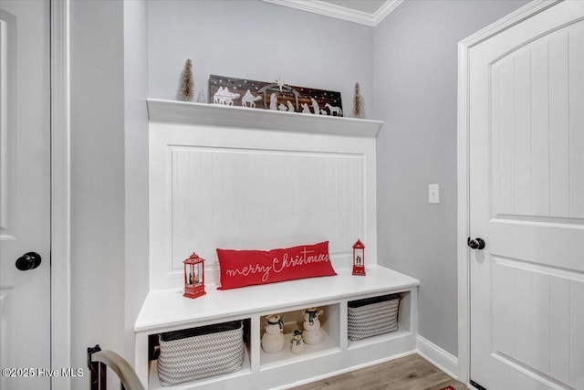 mudroom featuring crown molding and wood-type flooring