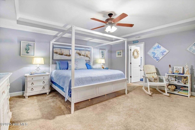 bedroom featuring ceiling fan, light colored carpet, and crown molding