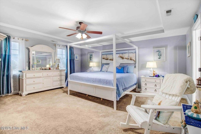 carpeted bedroom with ceiling fan and a tray ceiling