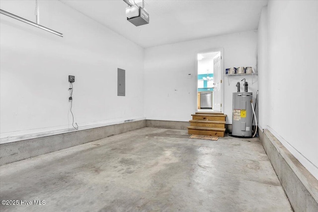 garage featuring a garage door opener, electric panel, and water heater