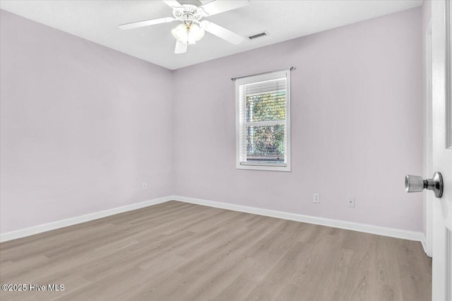 unfurnished room with ceiling fan and light hardwood / wood-style floors