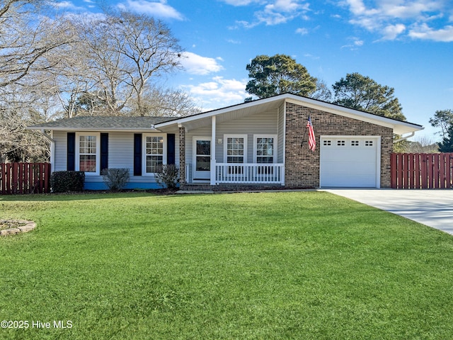 single story home featuring a garage, a front yard, and a porch