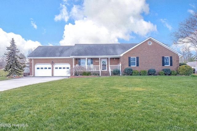 ranch-style home with a garage, covered porch, and a front yard