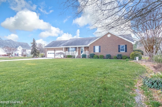 single story home with a garage, covered porch, and a front lawn