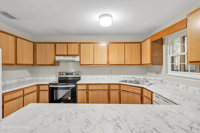 kitchen featuring white dishwasher, sink, a textured ceiling, and stainless steel range with electric stovetop