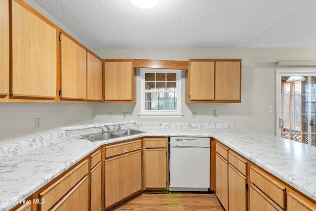 kitchen with light hardwood / wood-style floors, sink, a textured ceiling, and dishwasher