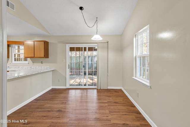 unfurnished dining area with vaulted ceiling and dark hardwood / wood-style flooring