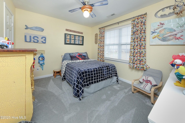 carpeted bedroom featuring ceiling fan