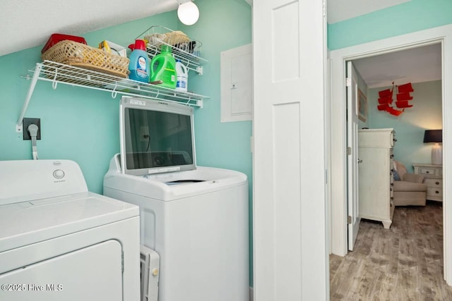 clothes washing area featuring independent washer and dryer and light hardwood / wood-style flooring