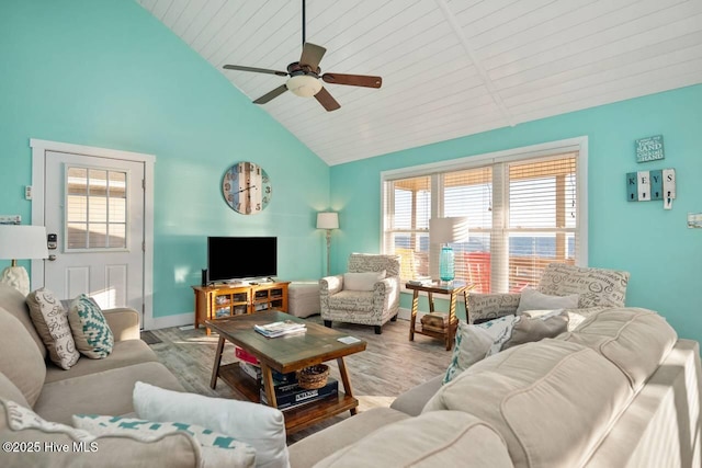 living room with ceiling fan, lofted ceiling, light hardwood / wood-style floors, and wooden ceiling