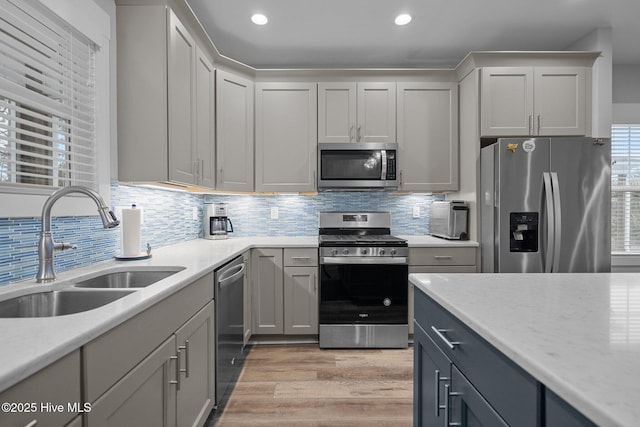 kitchen featuring tasteful backsplash, a sink, stainless steel appliances, light wood finished floors, and recessed lighting