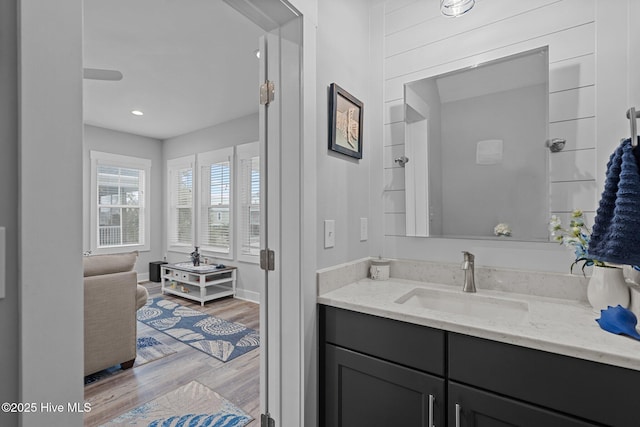 bathroom featuring wood finished floors and vanity