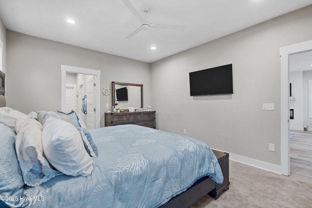 245 NE 64th St, Oak Island, NC 28465 - bedroom featuring recessed lighting, carpet floors, ceiling fan, and connected bathroom